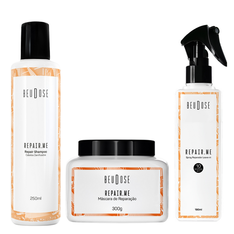 Kit de Tratamento Repair.me: Shampoo, Máscara e Leave-In Spray para Reconstrução e Proteção Capilar